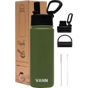 VANN® 3-Wandige Waterfles 500 ML met rietje voor volwassenen – Met 5 accessoires + 25 recepten �– RVS bidon – 24 uur koud/12 uur warm – Groen