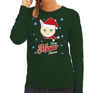 Foute Kersttrui / sweater - Merry Miauw Christmas - kat / poes - groen voor dames - kerstkleding / kerst outfit L
