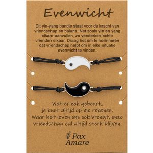 BFF Armbandjes voor 2 met Yin Yang - Zwart / Wit & Zilver - Persoonlijk Cadeau Kaartje - Vriendschap Cadeau - Pax Amare