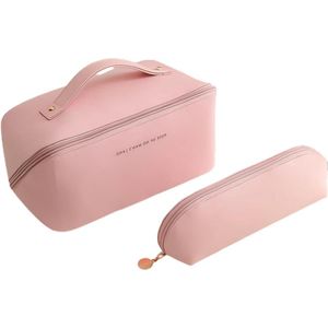 Cosmeticatas van PU-leer met vakken en waterdichte cosmetica-organizer - 2 stuks - reis-cosmeticatas voor dames - grote en kleine toilettas - roze - Fris - stijlvol Make up tasje met spiegel