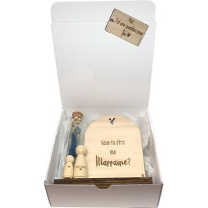 Boîte cadeau Veux-tu être ma maraine? | peg doll | bleu | cousine | fleurs séchées | marraine | parrain | pour la vie | j ai une question pour vous