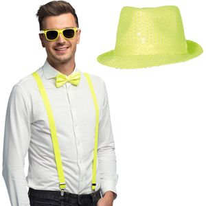 Toppers - Carnaval verkleedset Supercool - hoedje/bretels/bril/strikje - geel - heren/dames - glimmend - verkleedkleding accessoires