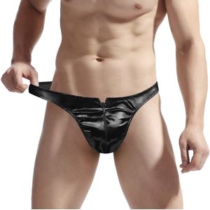 Latex Look Heren Slip - Met Rits - String Glossy Zwart - Elastisch - Sexy Design - Mannen String - One Size