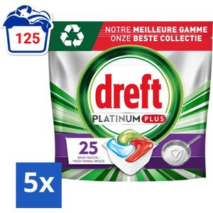Dreft Platinum Plus - Vaatwascapsules - Deep Clean Boosted - Fresh Herbal Breeze - 25 Afwasbeurten - Bulkverpakking - 5 stuks