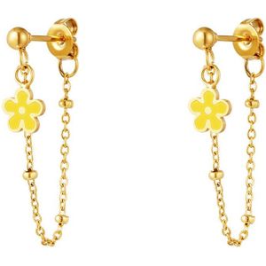 Earrings flower chain - yellow - geel - goud - stainless steel - kettinkje - oorbellen - Yehwang