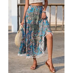 Dames Boho Midi-rok Zomerrok Casual hoge taille A-lijn strandrok Blauw S