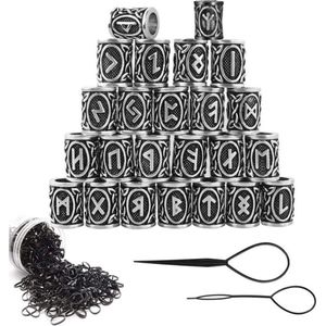 WNHB® Baard kralen heren – 24 stuks Viking runen kralen – Haar accessoires voor baard vlechten dreadlocks en vlechten – Zilver zwart