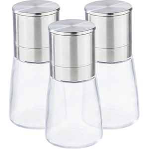 Set van 3x stuks  kruidenmolen/pepermolen/zoutmolen RVS/glas transparant/zilver 13 cm - Pepermaler/zoutmaler - Kruiden en specerijen vermalers