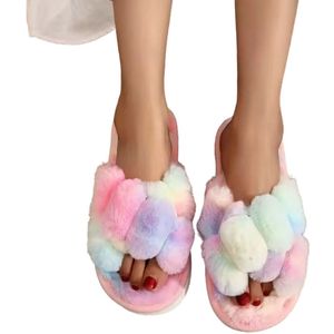 Fluffy regenboog slippers - Dames - Warm en Zacht - Sloffen - Antislip - Pluizig
