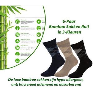 6-Paar Bamboe Sokken Ruit Motief in 3-Kleuren Maat 39-42