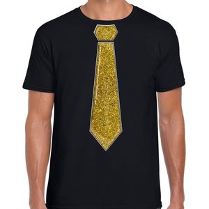 Bellatio Decorations Verkleed shirt heren - stropdas glitter goud - zwart - carnaval - foute party L