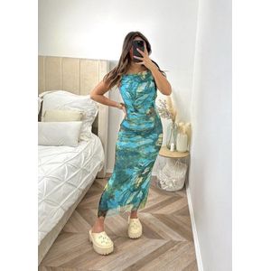 Marble jurk met bandjes - Groen/blauw - Marmer print - Lange jurk - Veel stretch - Marble dress - Jurkje - Marmeren print - Gekruiste bandjes - One-size - Een maat