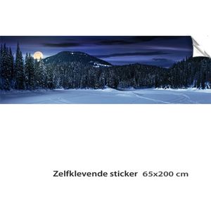 Kerstdorp achtergrond - 65x200 cm - Donker winterlandschap nacht - sticker - maan - donker - winterlandschap - kerstinterieur - modeltreinen