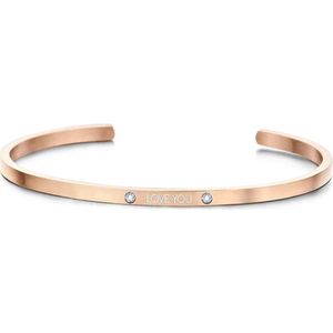 Key Moments 8KM-B00469 - Stalen open bangle met tekst - * love you * - zirkonia - Cadeau voor haar - Moederdag - one-size - rosékleurig