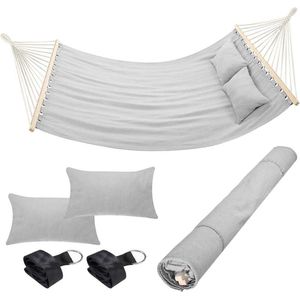 Tweepersoons Hangmat 232 x 148 cm - Katoenen Overtrek - Houten Stangen - 2 kussens - Lichtgrijs