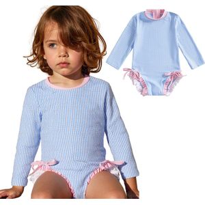 Joya Kids® Badpak Lange Mouw Licht Blauw met Streepjes en Roze Ruches Meisjes | Zwempak met ruches UV Badpak | Zwempak Lange Mouw UV Bescherming Streep | Meisje Bikini Zomer | Kinderbadpak Peuter | Maat 0-3 Maanden