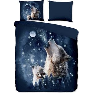 Cheqo® Luxe Dekbedovertrek 240x220 cm - Wolf bij Maanlicht Print - Blauw - 2 Persoons - Microfiber - Oeko-Tex Gecertificeerd