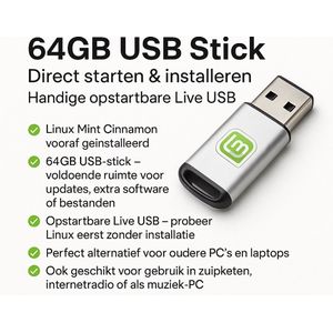 Linux Mint Cinnamon | 64GB USB Stick | Direct starten & installeren | Handige opstartbare Live USB