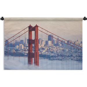 Wandkleed Golden Gate Bridge - Mistig rond de Golden Gate Bridge en San Francisco Wandkleed katoen 90x60 cm - Wandtapijt met foto