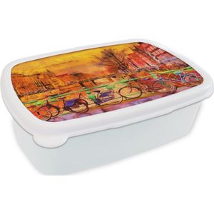 Broodtrommel Wit - Lunchbox - Brooddoos - Schilderij - Fiets - Amsterdam - Gracht - Olieverf - 18x12x6 cm - Volwassenen
