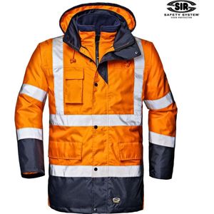 MOTORWAY SPLIT Werkjas, Hi-Vis Oranje Veiligheidsjas - EN ISO 20471 CLASS 3 - EN 343 - EN 14058 - PU gecoat polyester - 4 in 1 model - Verborgen centrale ritssluiting - Opvouwbare capuchon met trekkoord - Mobiele telefoonvak met klep en klittenband