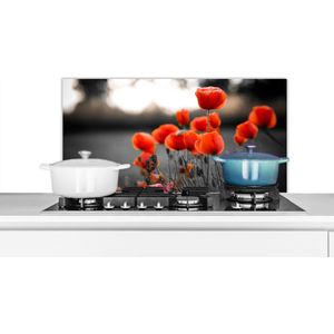 Spatscherm keuken 90x45 cm - Kookplaat achterwand Rode Klaprozen tegen zwarte met witte achtergrond - Muurbeschermer - Spatwand fornuis - Hoogwaardig aluminium