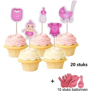 Baby girl prikkers - Versiering meisje 20 stuks cupcake toppers - Geboorte - Taart - Cake - Taart - babyshower topper - Prikkers+ 10 stuks roze ballonnen| Babyshower - Geboorte - Kraamfeest - Party - Decoratie