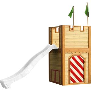 AXI Arthur Houten Speelhuis - Speeltoren met verdieping en Witte Glijbaan - Speelhuisje in Bruin, rood & groen - FSC hout - Speeltoestel / Kasteel voor kinderen