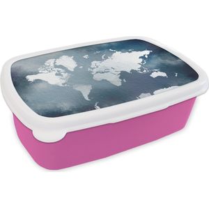 Broodtrommel Roze - Lunchbox - Brooddoos - Wereldkaart - Aquarel - Blauw - 18x12x6 cm - Kinderen - Meisje