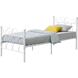 In And OutdoorMatch Metalen Bed Yvonne - Staal - Met Bedbodem - 90x200 cm - Wit - Snelle Montage
