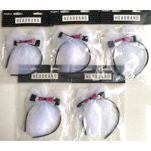 5 diadeems met strik roze wit zwart - haaraccessoire - haarband - diadeem - kapsel - vrijgezellenfeest