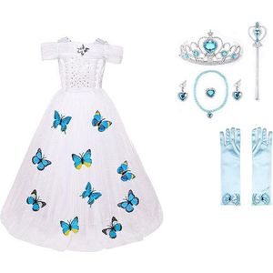 Prinsessenjurk witte verkleedjurk met vlinders + accessoires maat 110/116 (120) - Verkleedkleding kind