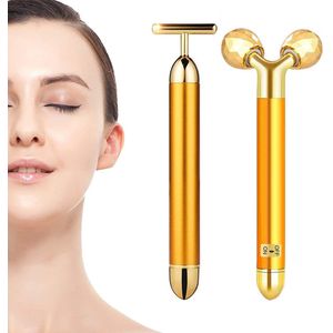 2-IN-1 Beauty Bar, Golden Pulse Face Massager Elektrische 3D Roller en T Shape Facial Massager, Anti Aging Face Lift Massage Stick Beauty Skin Care Tool Gift Set voor Vrouwen Huid Aanscherping Anti Rimpels