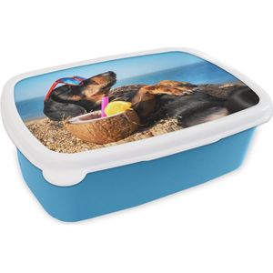 Broodtrommel Blauw - Lunchbox - Brooddoos - Hond - Zonnebril - Strand - Zomer - 18x12x6 cm - Kinderen - Jongen