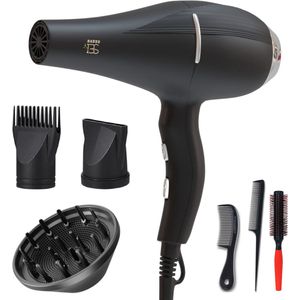 BAESS Föhn met Diffuser - 5 Standen - Ionische Haardroger met Borstel - Coolshot - 2200W - Haarföhn - Krullen - Hair dryer - Zwart