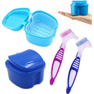 Gebitsbakje-beugelbakje-2 stuks-gebitsbakje voor kunstgebit-Week de container-kunstgebit bakje-Met filtermand en 2 tandenborstels voor het reinigen van kunstgebitten