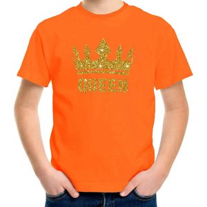 Oranje Queen gouden glitter kroon - t-shirt kinderen - Oranje Koningsdag kleding 158/164