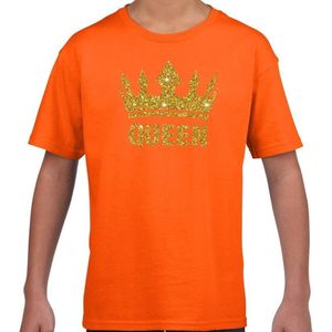 Oranje Queen gouden glitter kroon - t-shirt kinderen - Oranje Koningsdag kleding 158/164