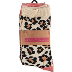Apollo - Sokken - Panterprint - Roze - Set van 5 paar - Maat 35/38
