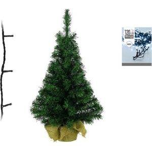 Groene kunst kerstboom 90 cm inclusief helder witte kerstverlichting - Kunstbomen/kunst kerstbomen