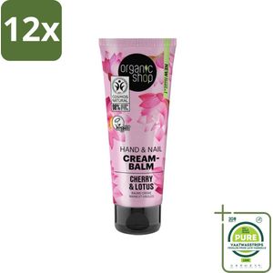 Organic Shop - Hand & Nail Cream - Cherry & Lotus - Verzorgend en Hydraterend - 75 ml - Voordeelverpakking - 12 stuks - Biologische handcrème - Japanse Spa