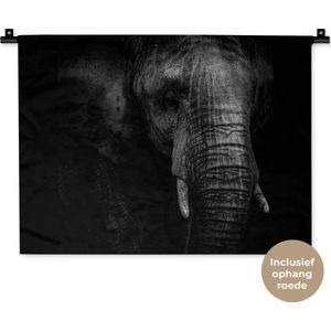 Wandkleed Dieren - Portret van een olifant op een zwarte achtergrond Wandkleed katoen 60x45 cm - Wandtapijt met foto