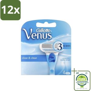 Gillette - Venus - Close & Clean - Gladde scheerbeurt - 4 Navulscheermesjes - Voordeelverpakking - 12 stuks - Scheermesjes - Scheermesjes voor vrouwen