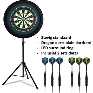 Darts Set - Portable dartbord standaard LED pakket plus - inclusief best geteste - dartbord - LED surround ring - en - dartpijlen - zwart