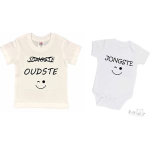 2-pack - T-shirt ""Oudste""- Grote broer/zus T-shirt - (maat 122/128) & Soft Touch Romper ""Jongste"" Wit/zwart maat 56/62 â€“ set van 2