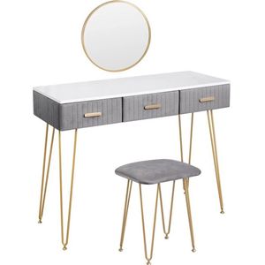 Gran Vida® - Moderne Kaptafel Set - Grijs met Elegante Afwerkingen - Make-up Tafel - Inclusief Spiegel en Kruk