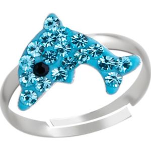 Ring meisjes kind | Ring kinderen | Zilveren ring, dolfijn met aquablauwe kristallen
