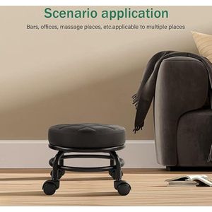 Lage Ronde Rollende PU-Lederen Kruk met Universele Zwenkwielen – Ideaal voor Thuisfitness, Sport en Pedicure (H: 25,5 cm, Zwart)