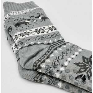 Merino Wollen sokken - Licht Grijs met Rendier - maat 39/42 - Huissokken - Antislip sokken - Warme sokken – Winter sokken