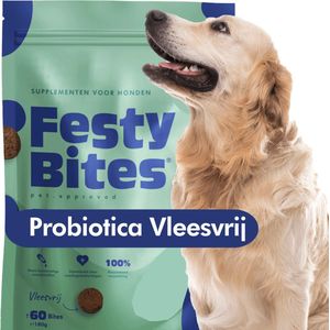 FestyBites® Probiotica Hond - Vleesvrij - 60 Hondensnoepjes voor Darmflora, Spijsvertering & Jeuk - Hondensnacks met 190 miljard Probiotica bacteriën - Brievenbuspakket - FAVV goedgekeurd